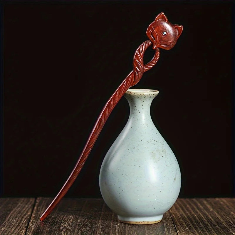 Elegant Vintage Fox Hairpin – Handcrafted Wooden Hair Stick with Gemstone Eyes Hair Stick Peaceful Pleasures Health and Wellness