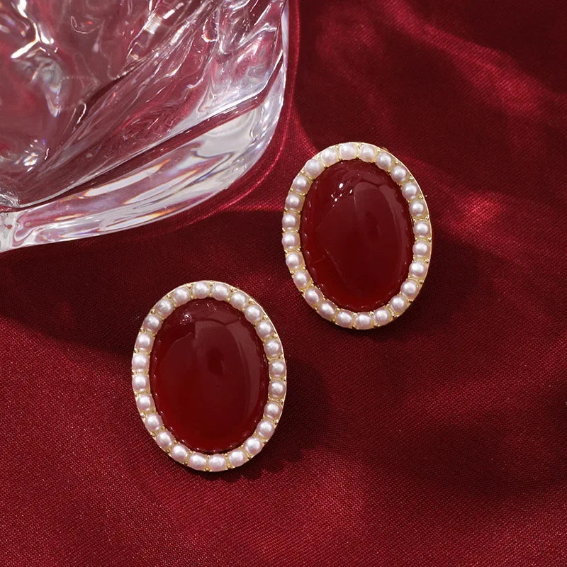 French Retro Burgundy Heart Stud Earrings | S925 Silver Needle