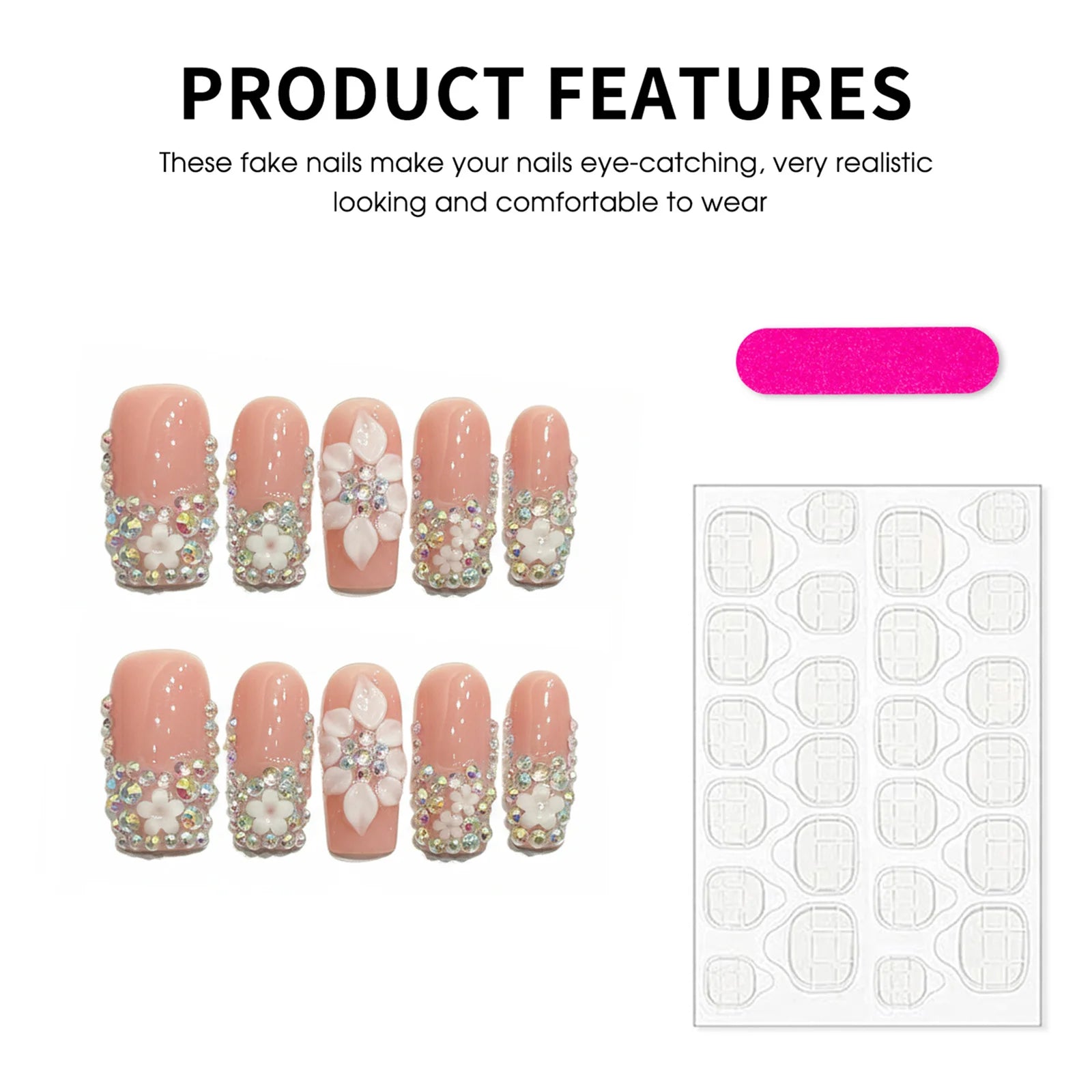 Handmade Press On Nails Nude Pink False Nails 3D Carved Flowers Rhinestones Design Long Square Fake Nails For Party Women 10pcs Peaceful Pleasures Health and Wellness