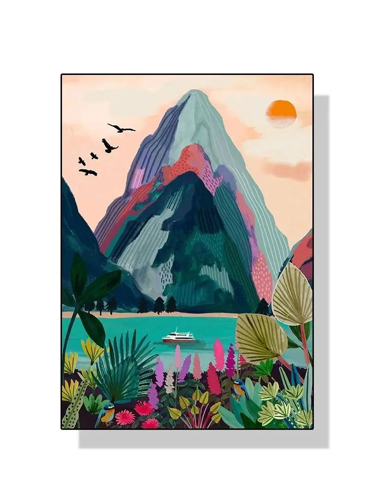Nordic Flowers Mountain Lake Colorful Nature Landscape Travel Poster Canvas Print - Abstract Wall Art for Room Home Decor Peaceful Pleasures Health and Wellness 14 20x30cm Unframed