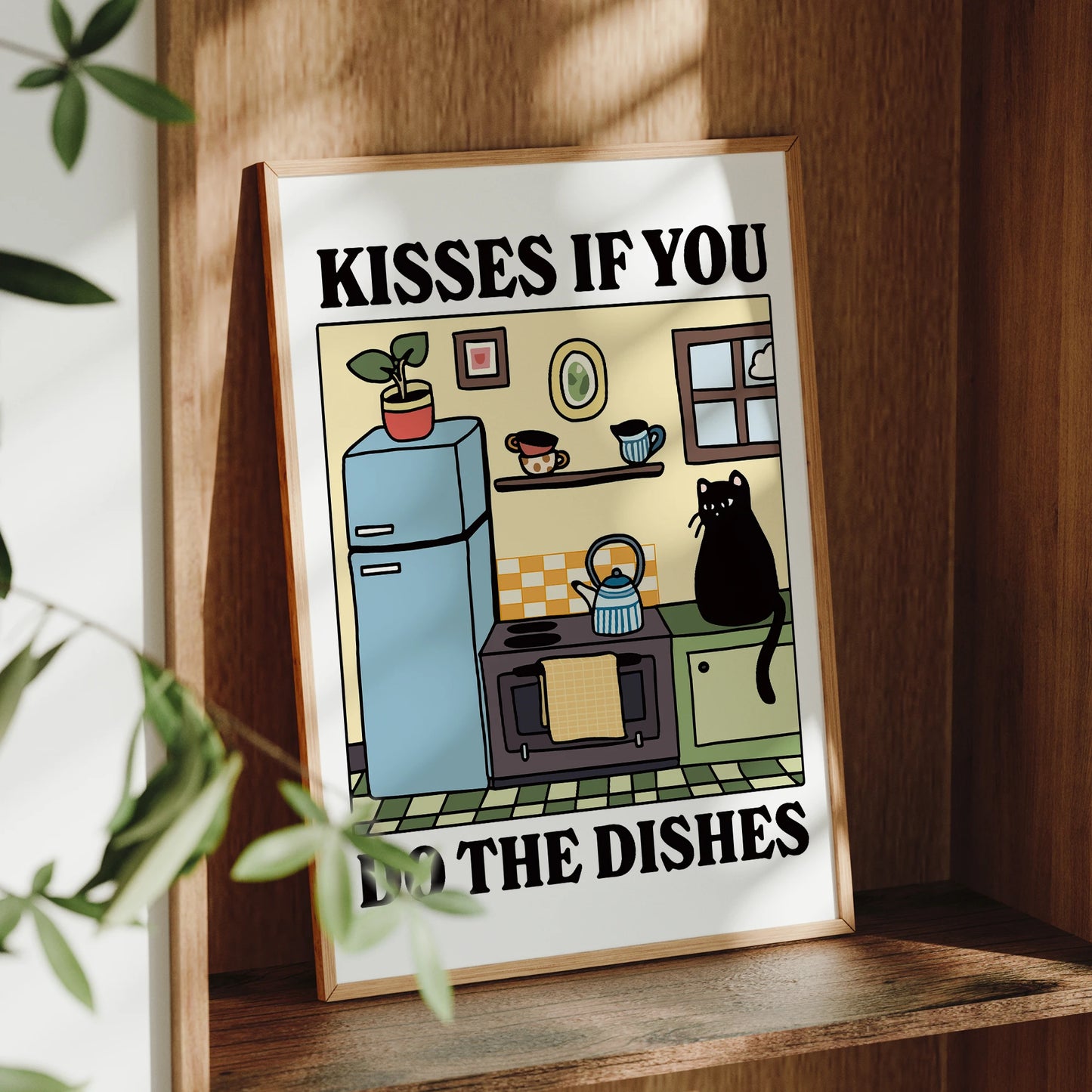 Funny Cat "Kisses If You Do The Dishes" Canvas Wall Art