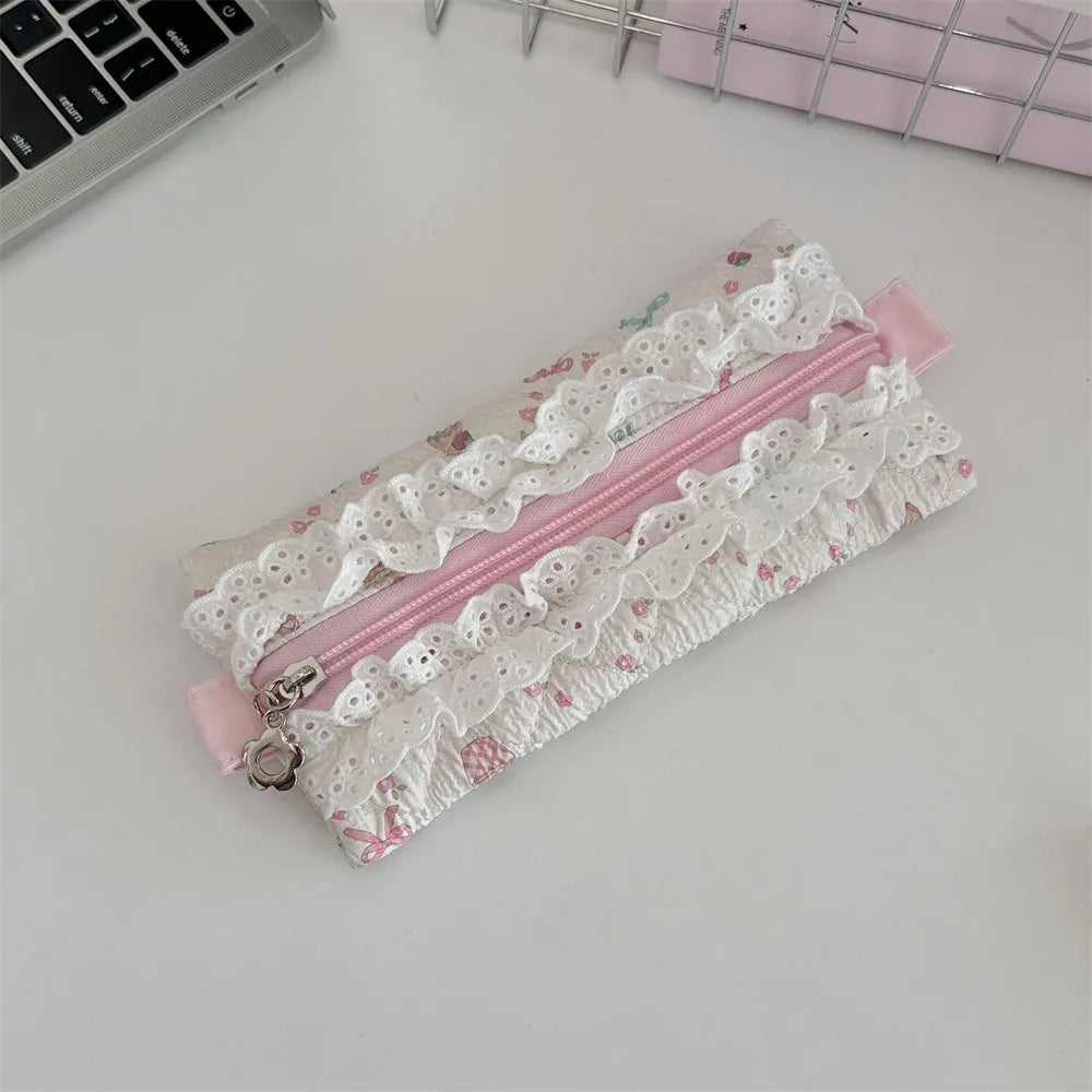 Fresh Lace Pencil Pouch Large Capacity Cosmetic Bag Flower Pattern Pen Case Makeup Bag Cartoon Stationery Storage Bag Peaceful Pleasures Health and Wellness Style F