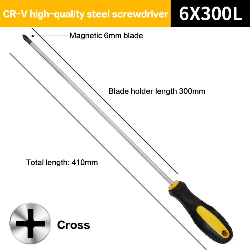 High Quality 6*300mm Long Handle Screwdriver Slotted Cross Head Magnetic Screwdriver Bit Anti Slip Screw Driver Bolt Driver Tool Peaceful Pleasures Health and Wellness B
