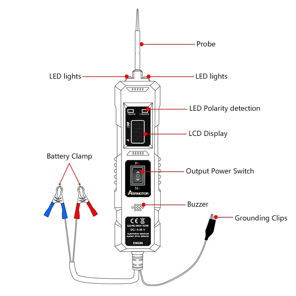 Aermotor Automotive Circuit Tester 6-48V LED Voltage Probe Kit