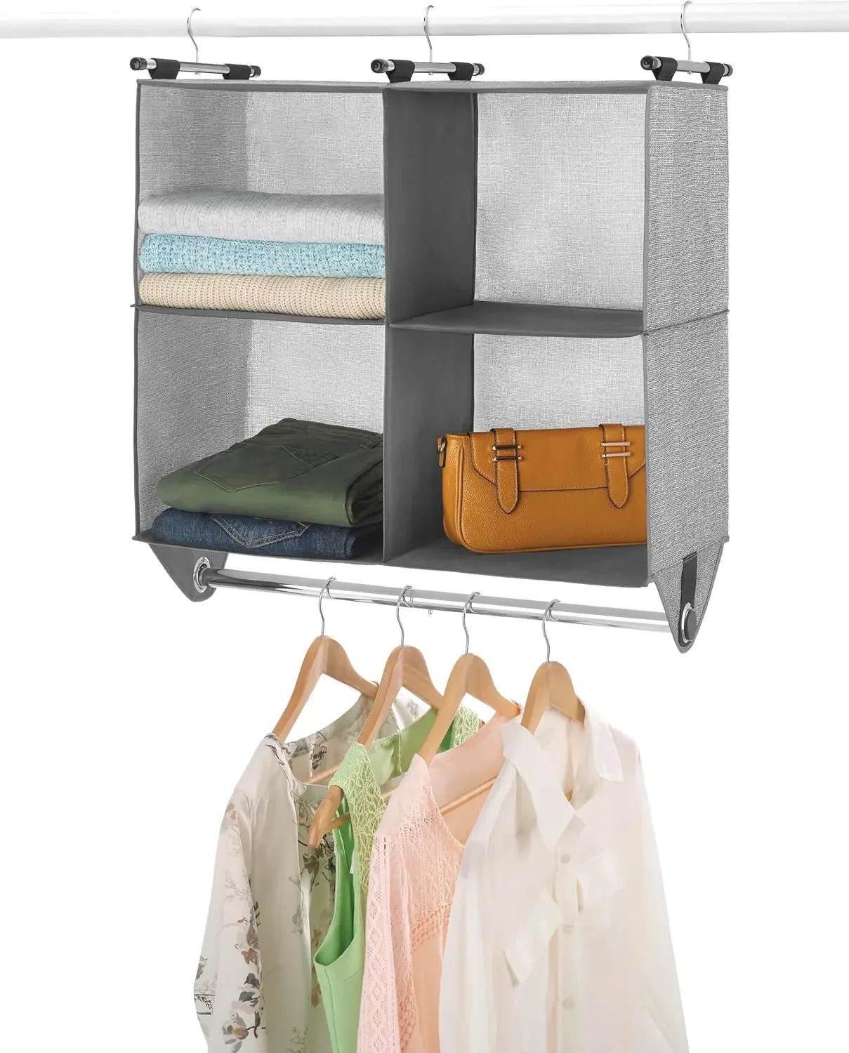 4-Section Fabric Closet Organizer with Chrome Rod for Hanging and Folded Garments Peaceful Pleasures Health and Wellness