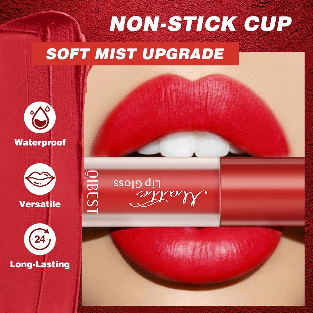 QIBEST Sexy Red Lasting Velvet Matte Lip Gloss Waterproof Nonstick Cup Liquid Lipstick Makeup For Women Beauty Lip Glaze Tint Peaceful Pleasures Health and Wellness