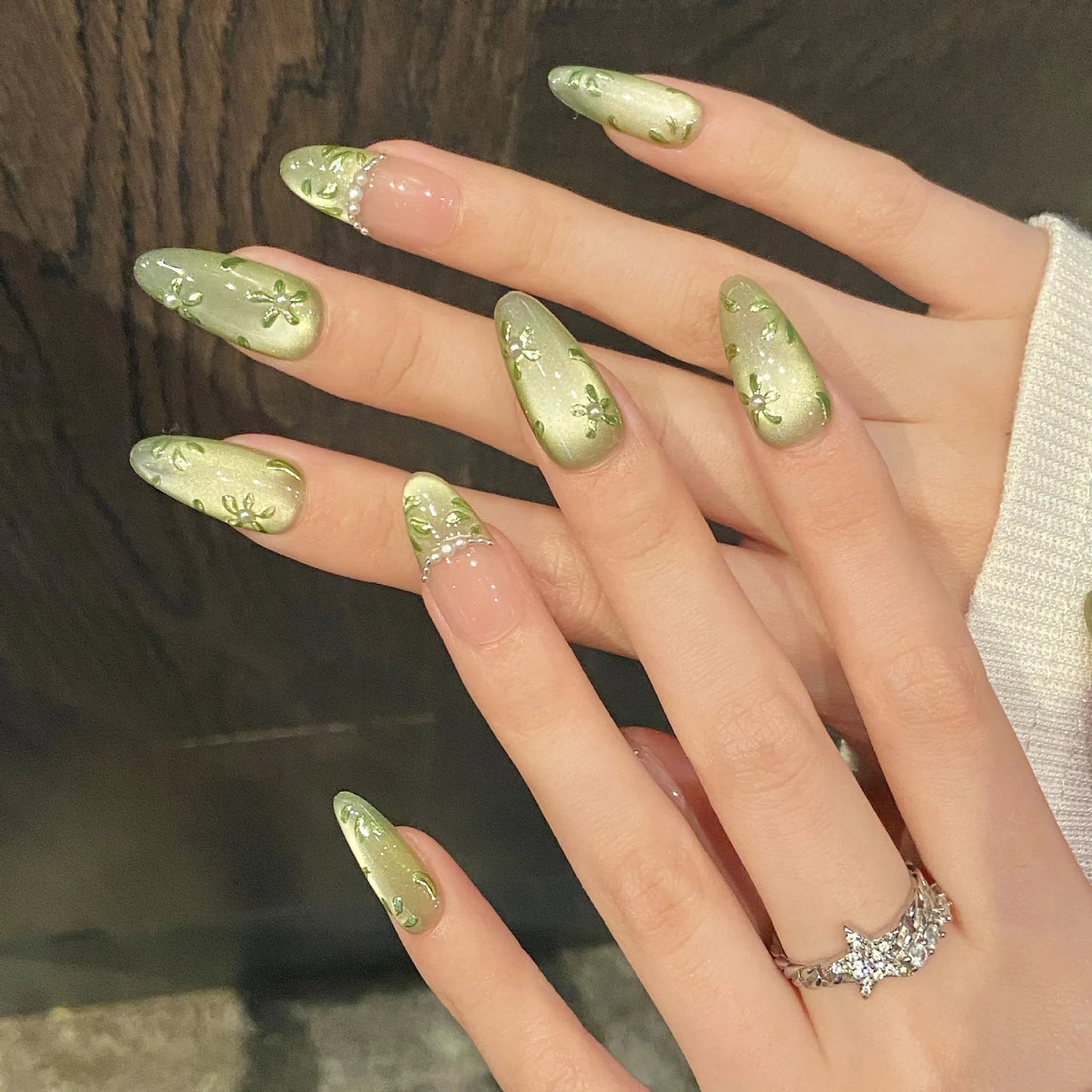 10pcs Handmade Press on Nails Green Flower Print Short Oval Head Fake Nails Wearable Glitter Green Cat Eye False Nail Tips Peaceful Pleasures Health and Wellness L 3