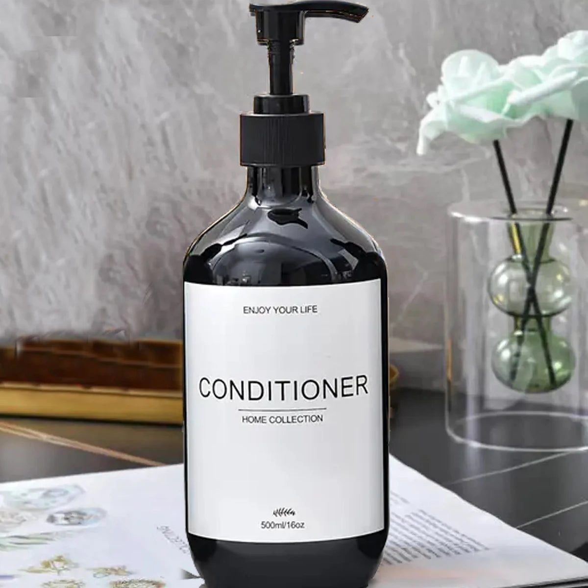 Bathroom Shampoo Dispenser Set 500ml Conditioner Body Wash Bottles Refillable Dispenser Farmhouse Decoration Storage Bottles Peaceful Pleasures Health and Wellness Black-C 1