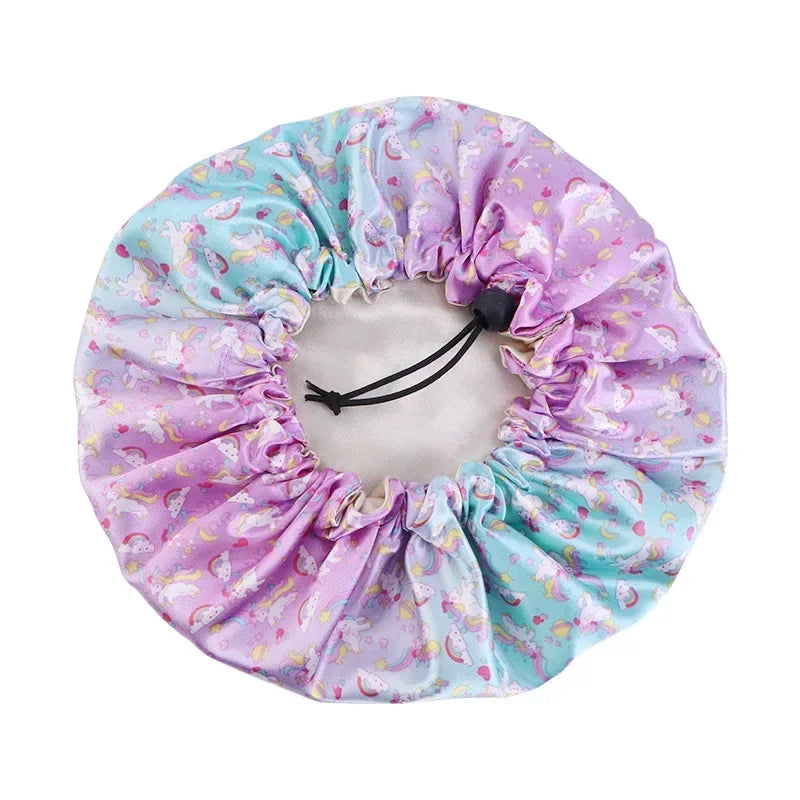 Kids Adjustable Double-Layer Satin Shower Cap & Nightcap