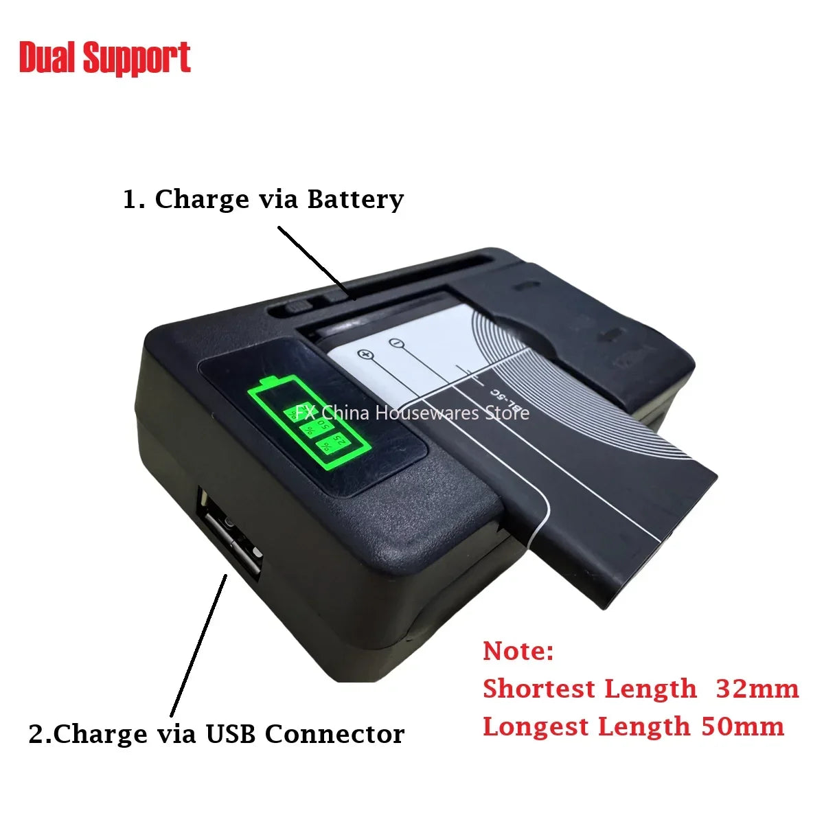 Universal LCD Battery Charger with USB Port, 32-55mm Adjustable, For Cell Phone & Camera Batteries, US/UK/EU Plug Peaceful Pleasures Health and Wellness