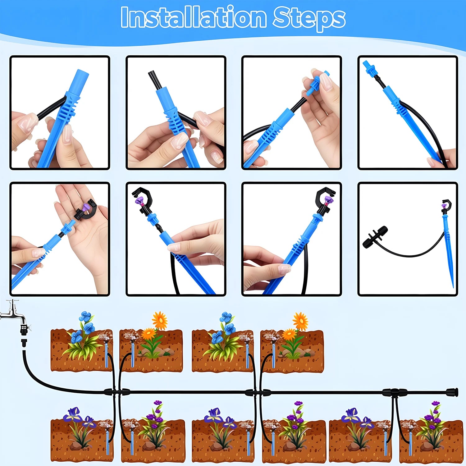 25m-8m Micro Drip Irrigation Kit Thread - Automatic Watering System with 4/6 Split to 8/12 Connector Rotary Scattering Nozzle Peaceful Pleasures Health and Wellness