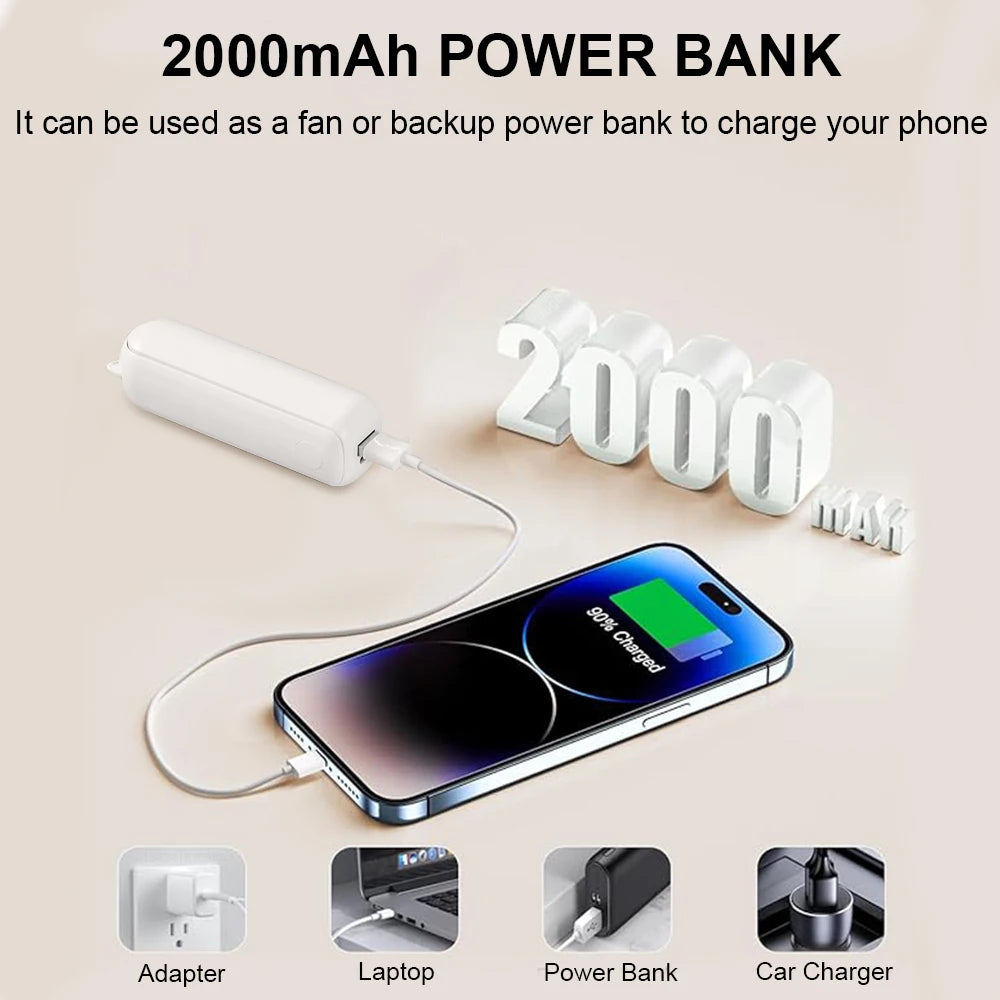 Portable Fan 2000mAh USB Rechargeable 3 Speed Mini Handheld Foldable Fan Hand Held Small Pocket Travel Fan with Handy Power Bank Peaceful Pleasures Health and Wellness