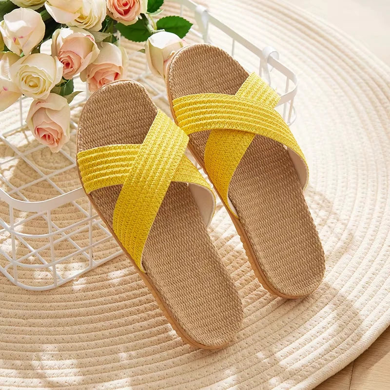 Women's Linen Cross Strap Flat Sandals | Lightweight EVA Slippers