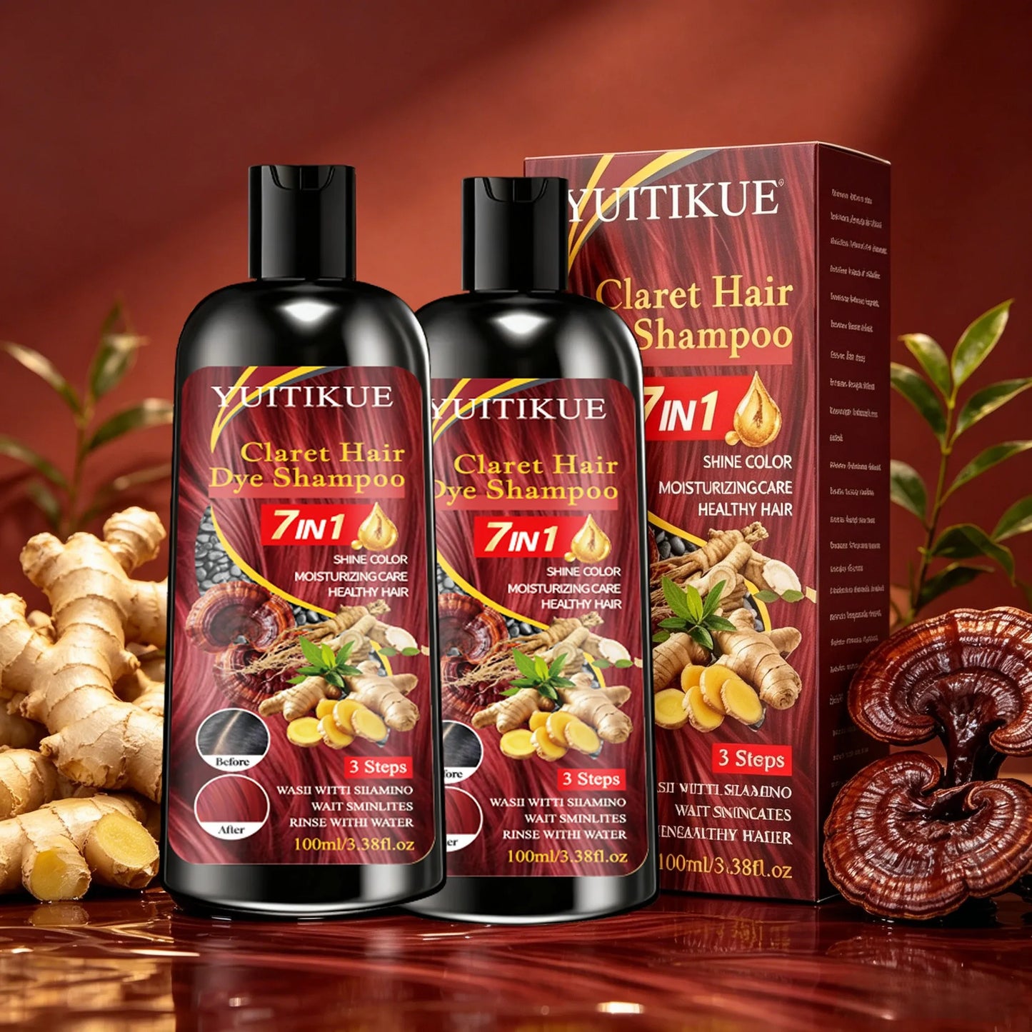 YUITIKUE Claret Color Shampoo – 7-in-1 Hair Dye & Shine