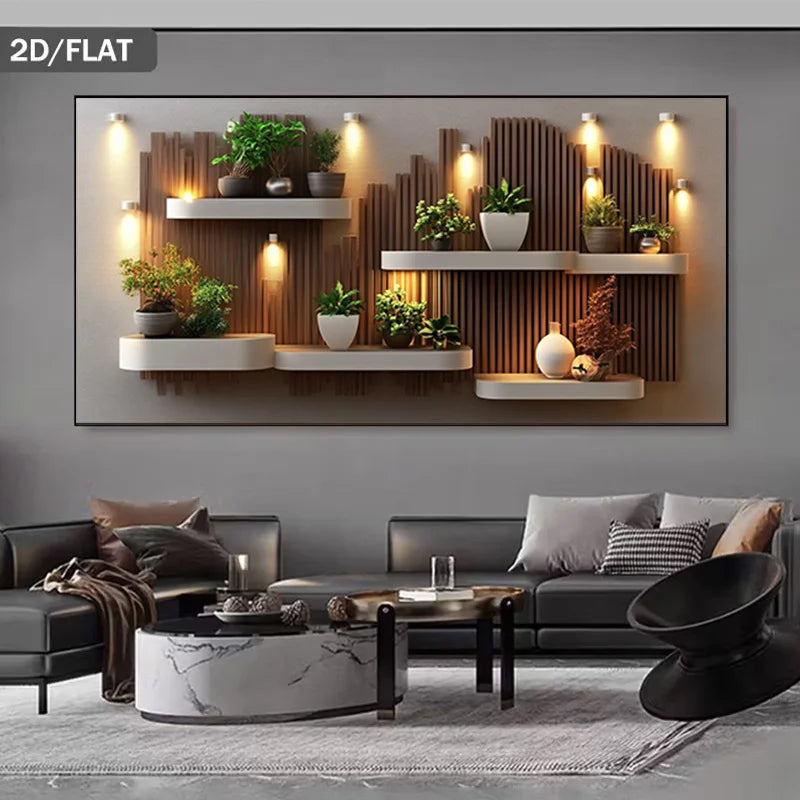2D Flat, Modern Botanical Plant Wall Frameless Canvas Painting for Contemporary Decor for Bedroom, Office Housewarming Gift Peaceful Pleasures Health and Wellness