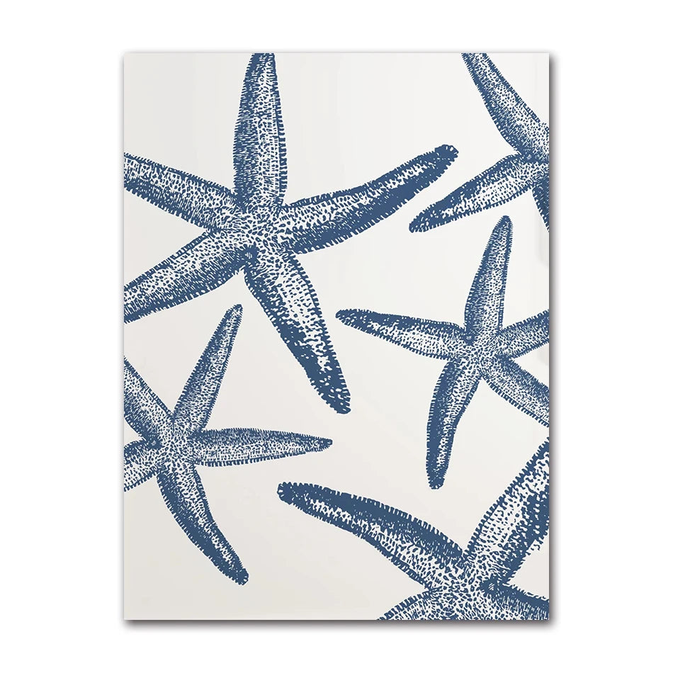 Coastal Blue Beach Antique Shell Sketch Poster, Starfish Jellyfish Conch Oil Painting Print, Wall Art for Kids Room Home Decor Peaceful Pleasures Health and Wellness 82052-08 40x50cm Unframed