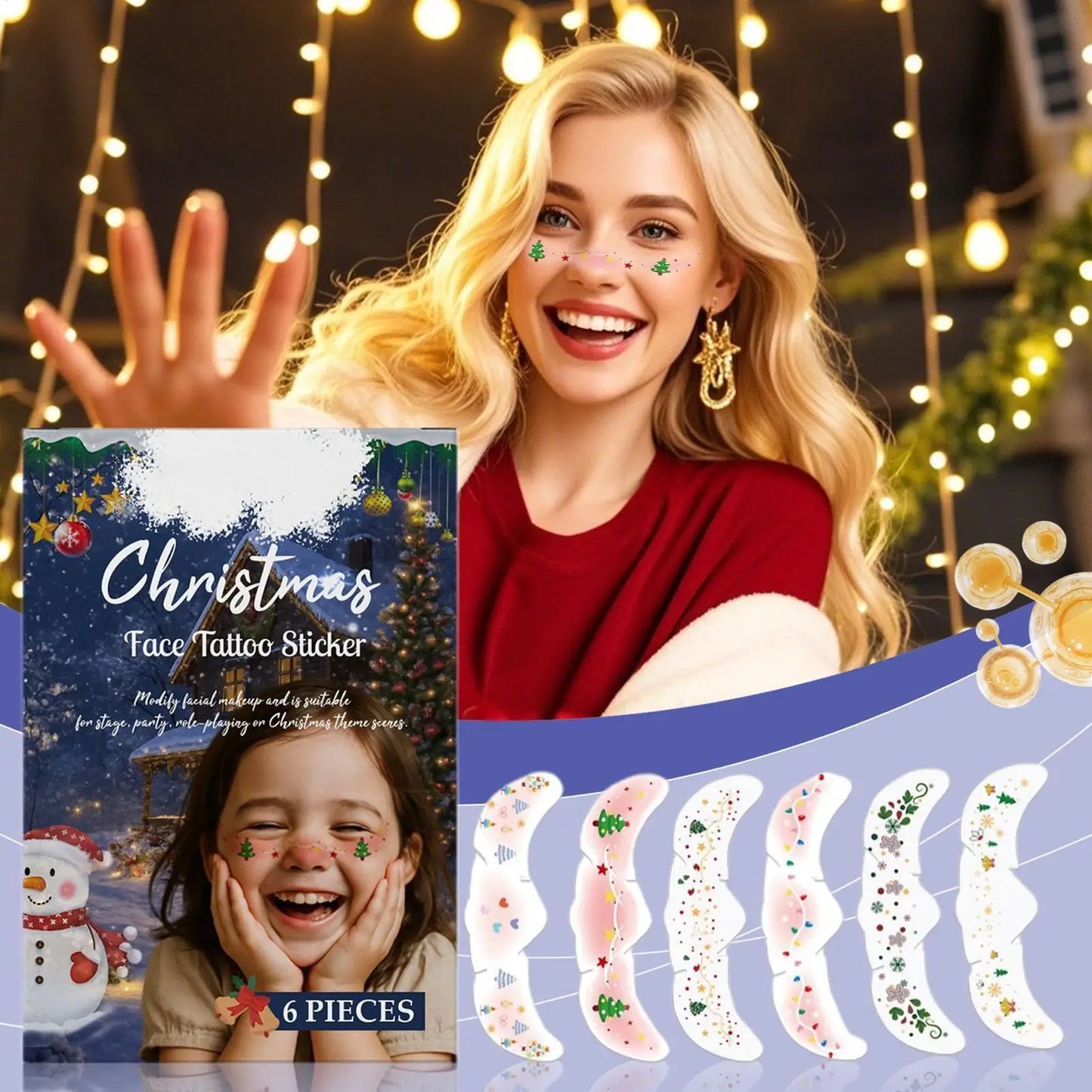 6-Piece Christmas Glitter Freckle Patches & Temporary Face Tattoos