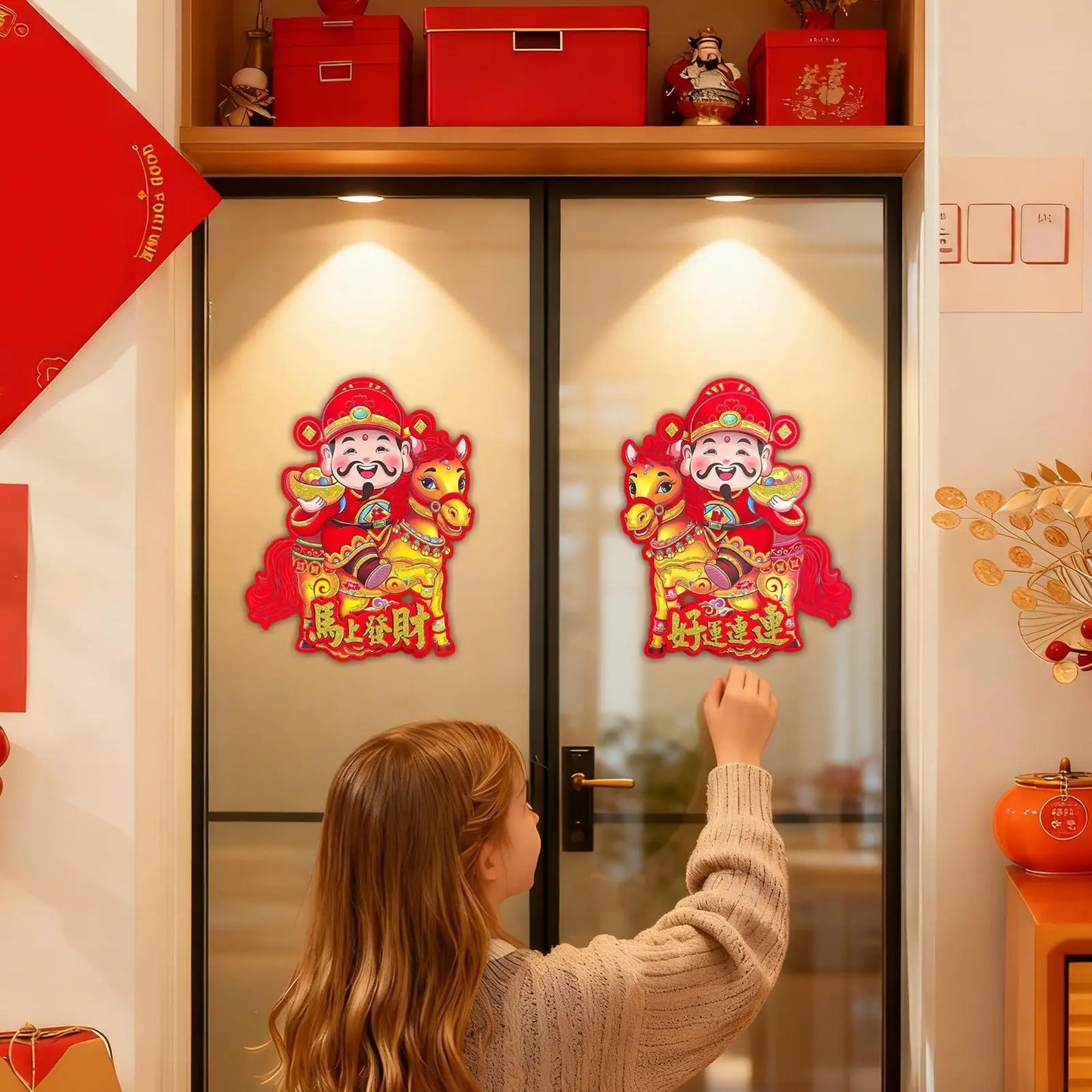 New Years Stickers Celebratory Wealth God Design Decals Chinese Stickers For Family Home Spring Festival Lunar New Year Window Peaceful Pleasures Health and Wellness