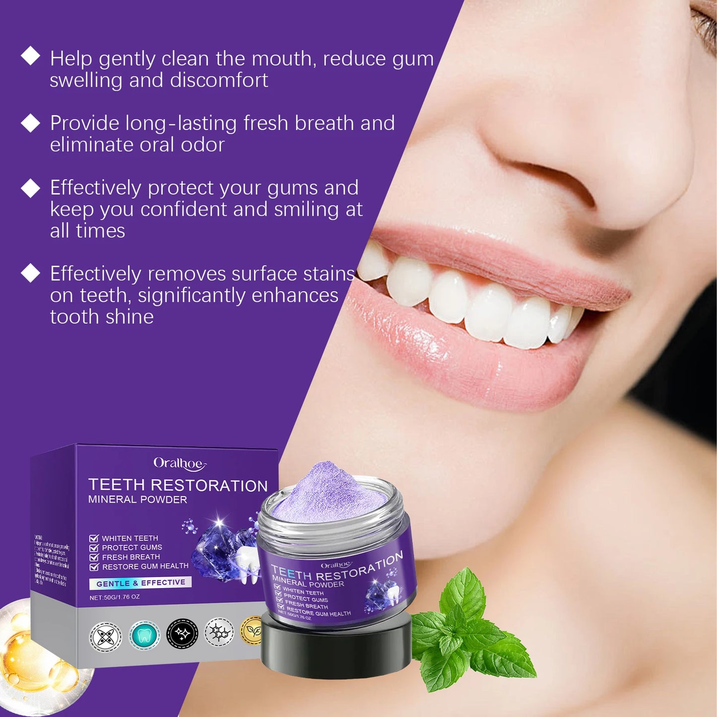 Oralhoe Purple Teeth Whitening Mineral Powder | Stain Remover