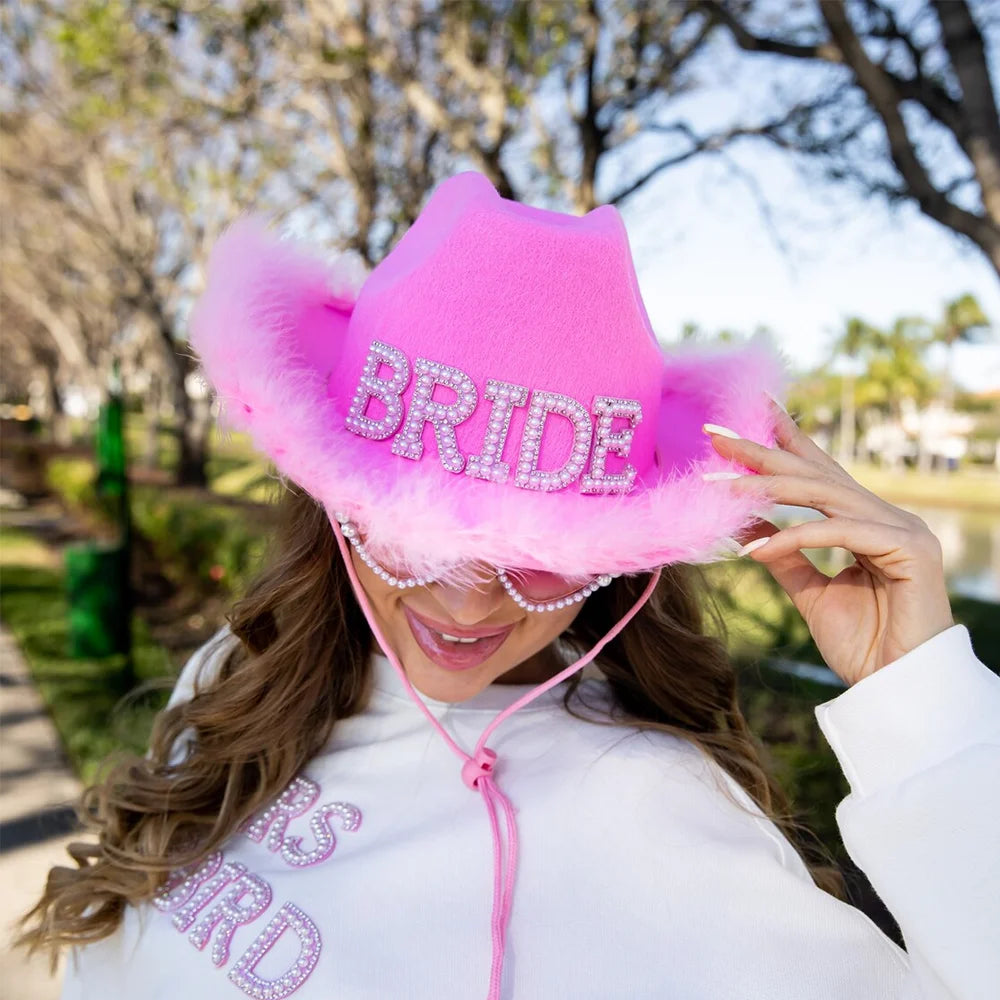 Pink Fluffy Diamanté Bride Cowboy Hat | Bachelorette Party Gift