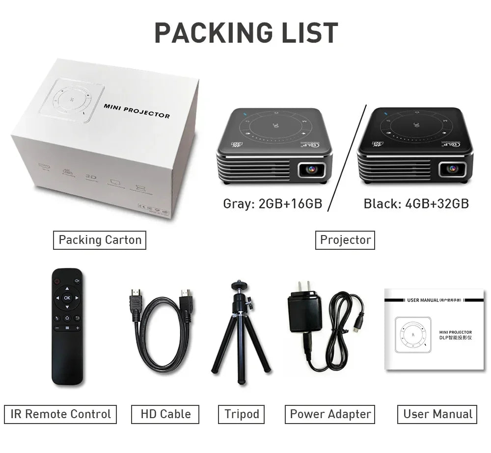 Mini 3D Portable Projector 4K DLP Android Smart Ceiling Car Outdoor Rechargeable Wifi Bluetooth Mobile With Battery Peaceful Pleasures Health and Wellness
