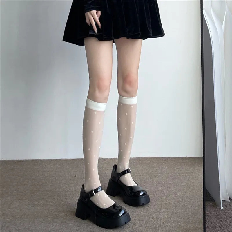 Japanese Style Ultra-thin Nylon Long Socks Polka Dot Sexy Mesh Fishnet Stockings High Elastic Transparent Summer Over Knee Socks Peaceful Pleasures Health and Wellness