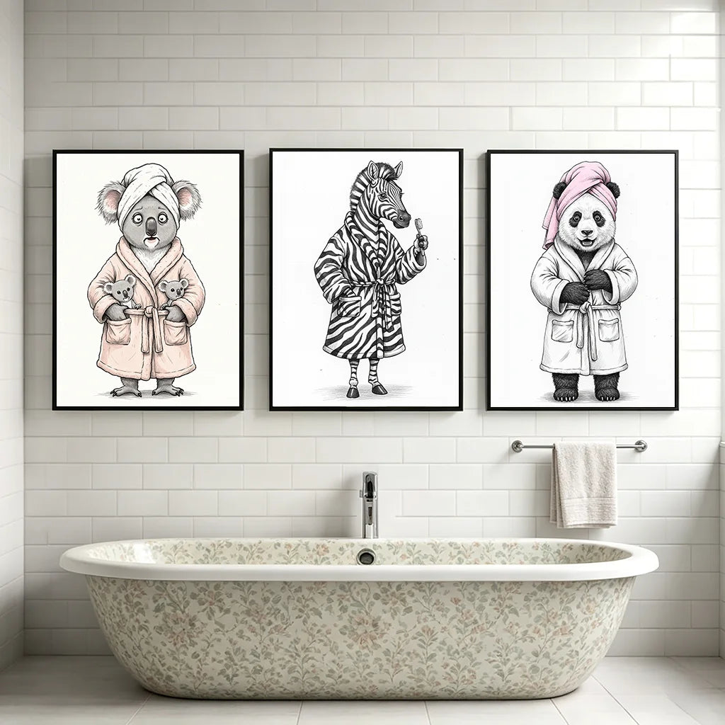 Animal Bathroom Wall Art, Nordic Funny Canvas Painting, Cute Bath Robe Animals Poster Print for Restroom Room Wall Decor Peaceful Pleasures Health and Wellness