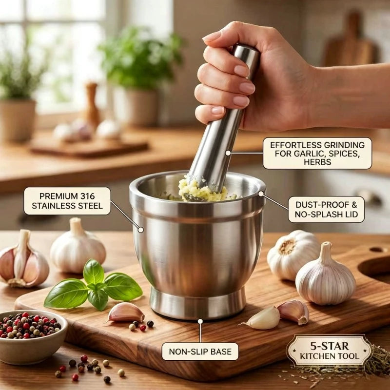 Stainless Steel Mortar and Pestle Set Kitchen Spice Grinder Pill Crusher with Lid Heavy Duty Pesto Powder Herb Bowl Peaceful Pleasures Health and Wellness