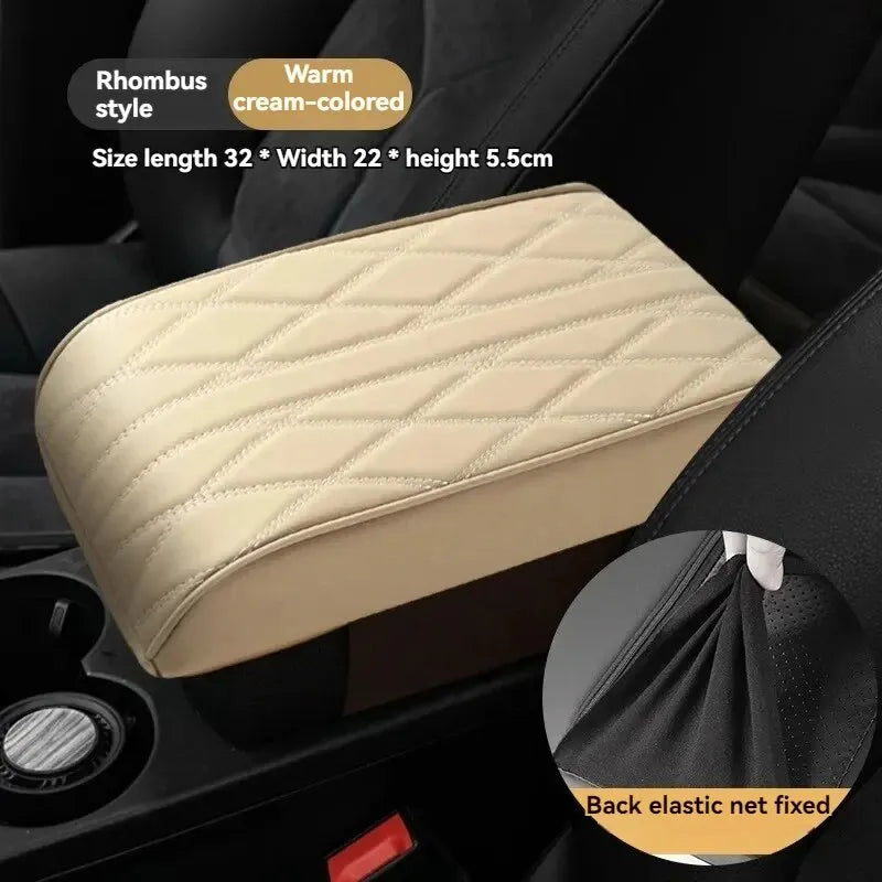 Wave Embroidery PU Leather Car Armrest Mat, Center Console Armrest Protection Cushion with Storage, Universal Auto Armrest PadWa Peaceful Pleasures Health and Wellness beige PU Four Seasons