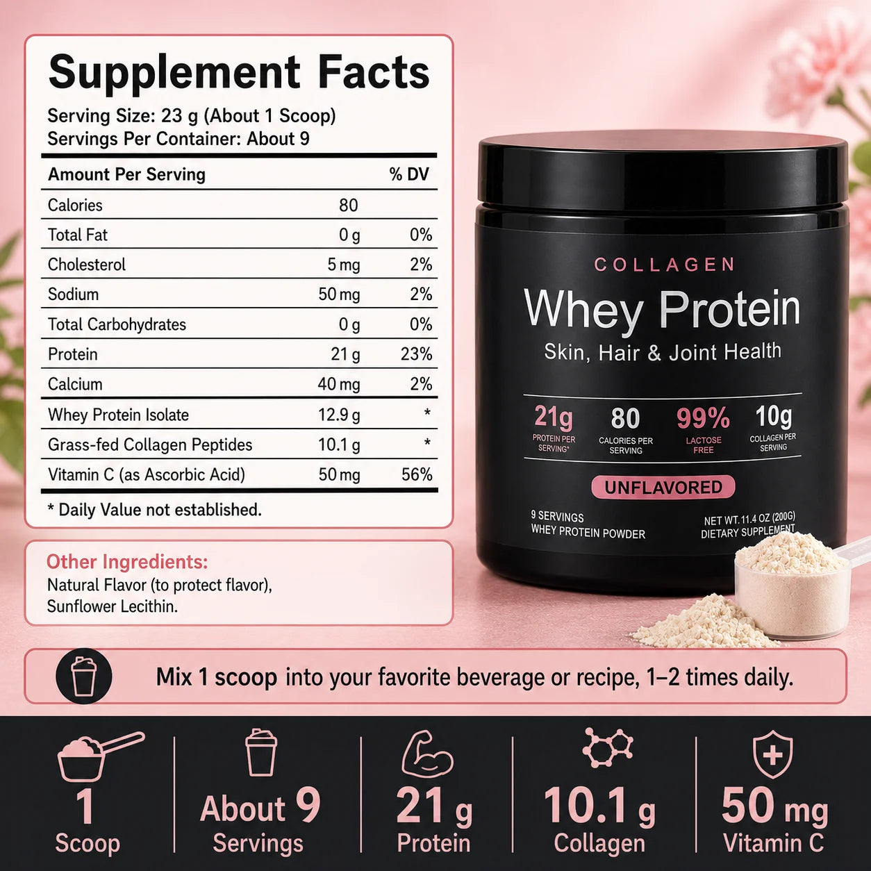 Collagen Whey Protein Powder | 21g Protein, 10g Collagen, Unflavored
