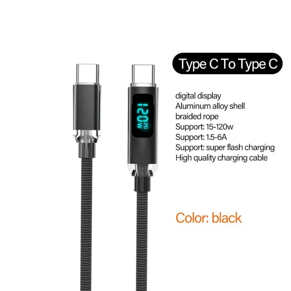 120W USB-C to C 6A Fast Charging Cable with Digital Display