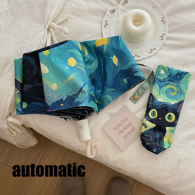Cat Cartoon Auto Folding Umbrella – Sun & Rain Protection