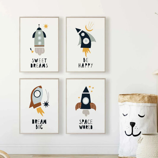 4-Piece Cartoon Space Rockets Canvas Wall Art | Kids Room Canvas Wall Art Set Peaceful Pleasures Health and Wellness G4444-4pcs 50x70cm Unframed