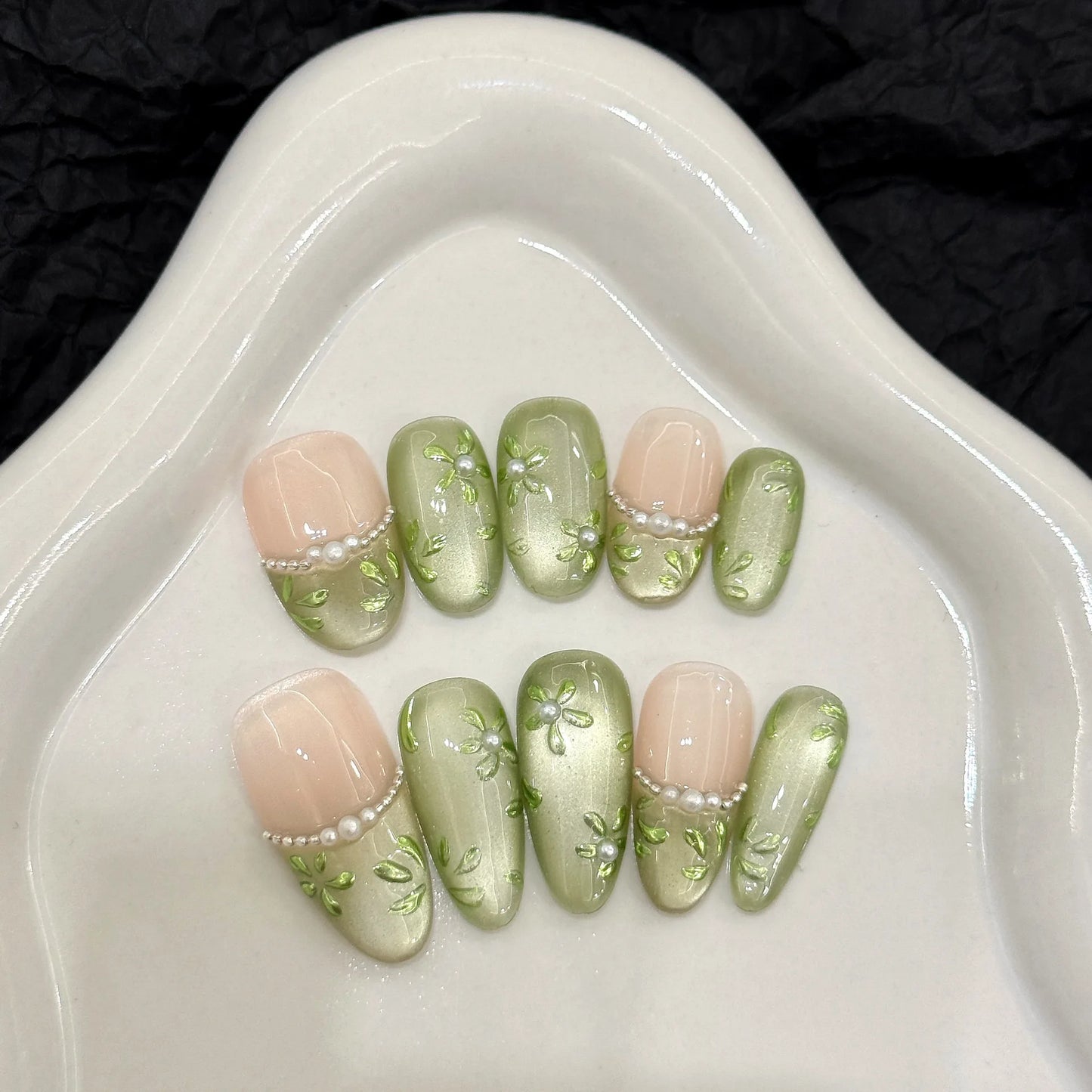 10pcs Handmade Press on Nails Green Flower Print Short Oval Head Fake Nails Wearable Glitter Green Cat Eye False Nail Tips Peaceful Pleasures Health and Wellness