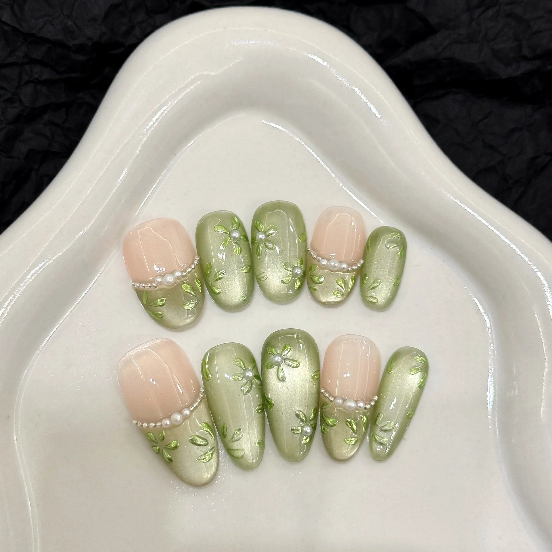 10pcs Handmade Press on Nails Green Flower Print Short Oval Head Fake Nails Wearable Glitter Green Cat Eye False Nail Tips Peaceful Pleasures Health and Wellness