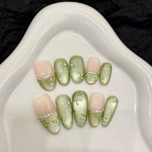 10pcs Handmade Press on Nails Green Flower Print Short Oval Head Fake Nails Wearable Glitter Green Cat Eye False Nail Tips Peaceful Pleasures Health and Wellness