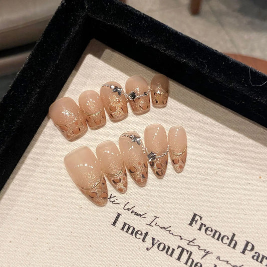Handmade French Leopard Press-On Nails | Rhinestone Almond Tips Press-On Nail Set Peaceful Pleasures Health and Wellness