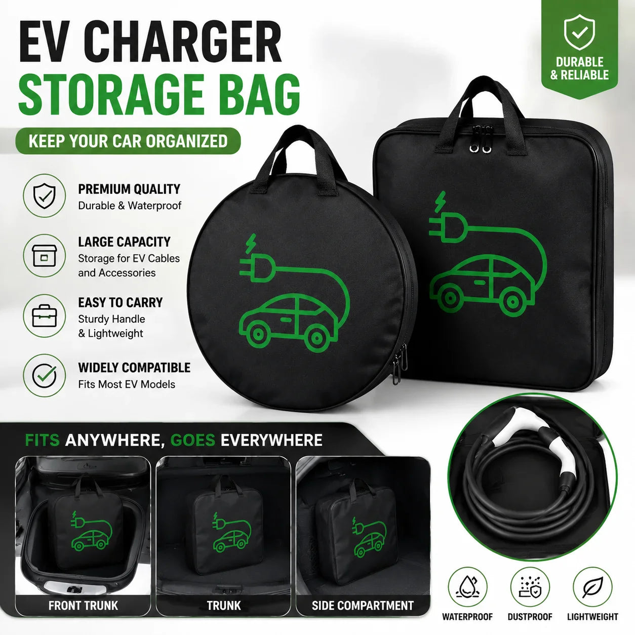 Waterproof EV Charger Cable Bag – Trunk Organizer Case