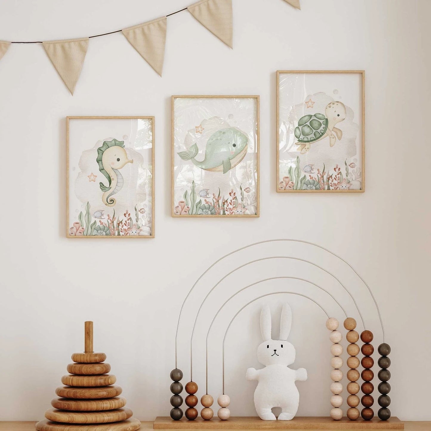 3-Piece Cartoon Ocean Animals Canvas Wall Art | Kids Room Decor