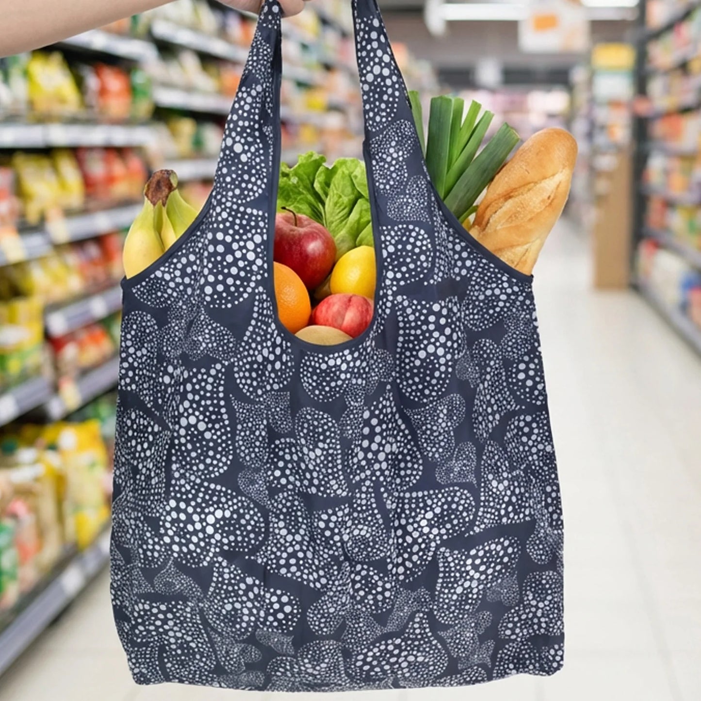 Large Capacity Eco-Friendly Foldable Shopping Bag Reusable Tote with Print Design for Supermarket Use Portable Carry Handle Peaceful Pleasures Health and Wellness