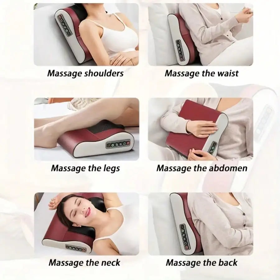 A Neck Massage Pillow with Heating Function, Equipped with Multiple Kneading Heads Specifically for the Neck, a Six-Button Control Panel, and Suitable for Various Body Parts Including the Neck, Shoulders, Waist, Back, and Leg Peaceful Pleasures Health and Wellness