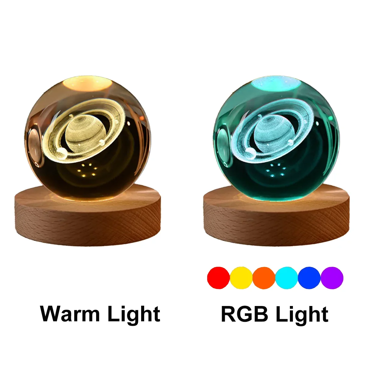 6cm Bedside Lamp Solar Theme Cosmos Series Crystal Ball Night Lights Milky Way Moon Small Ornaments for Desk Creative Gift RGB Peaceful Pleasures Health and Wellness Warm Light Saturn USB Plug