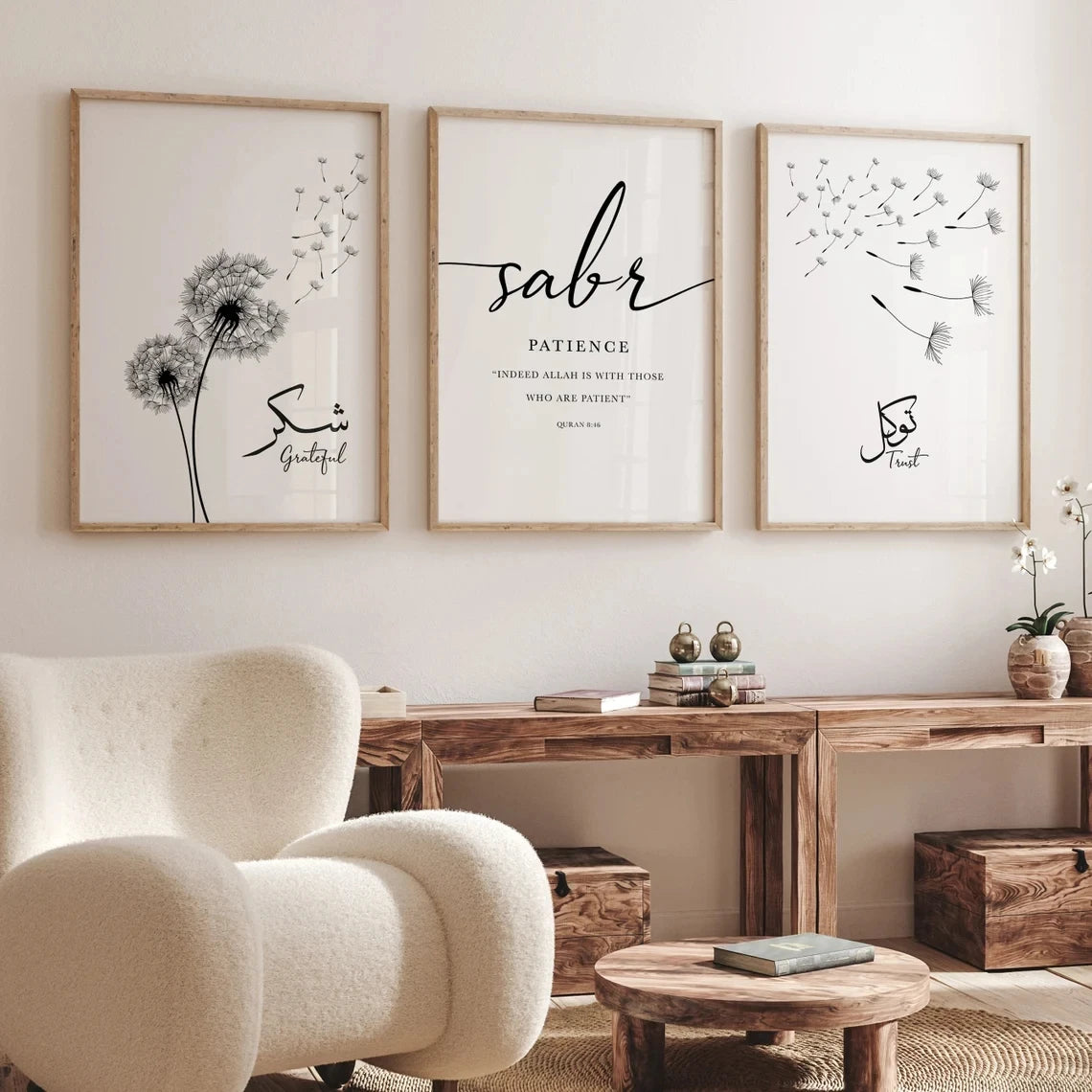 Modern,Minimalist Shukr Tawakkul Sabr Islamic Wall Art Print Canvas Painting Poster Picture For Living Room,Bedroom Home Decor Peaceful Pleasures Health and Wellness G4108-3pcs 60x80cm Unframed