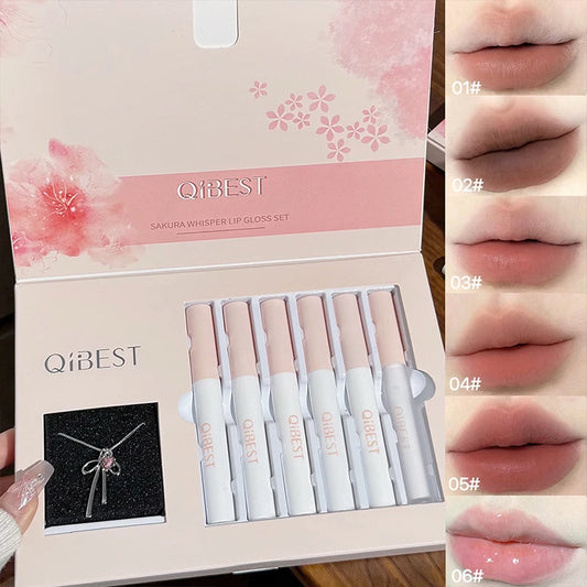QIBEST 6Pcs/Box Matte Velvet Lipstick Sets Lasting Lip Glaze Kits Moisturizing Mirror Watery Lipgloss Makeup Set Necklace Gift Peaceful Pleasures Health and Wellness