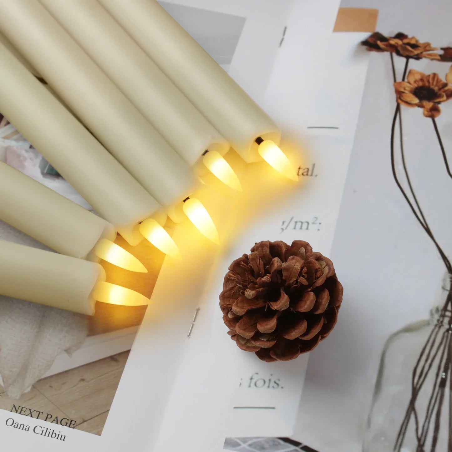 6Pc White/Ivory Flameless Taper Candles with Remote Timer Battery Operated Flickering LED Candle With Base for Indoor Home Decor Peaceful Pleasures Health and Wellness
