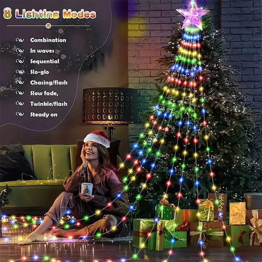 Solar Pentagram String Lights | 8-Mode LED Waterfall Fairy Lamp Solar String Lights Peaceful Pleasures Health and Wellness Multicolor 9.8Ft 280Leds