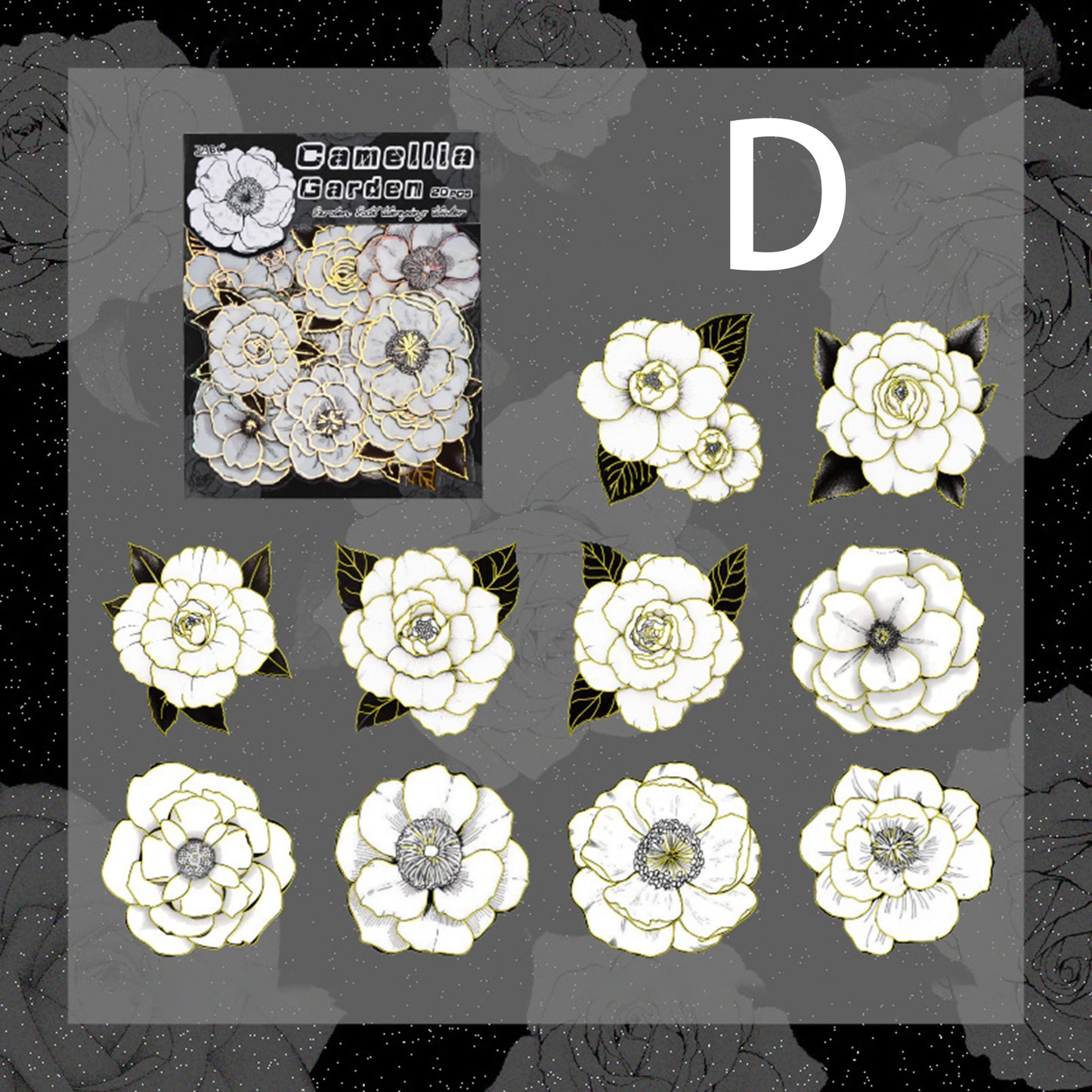 Black and White Flower Stickers with Gold Holographic Outlines, Glitter Shiny Waterproof Decals for Scrapbooking, Journal Peaceful Pleasures Health and Wellness D 3set