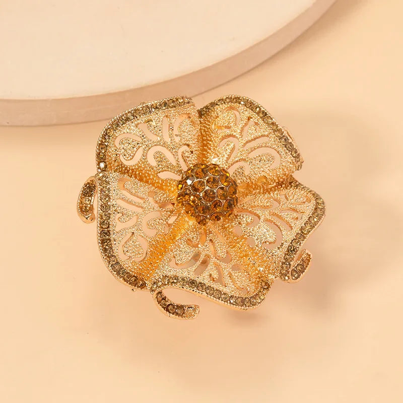 Luxury Flower Crystal Ring Women Gold Adjustable Statement Elegant