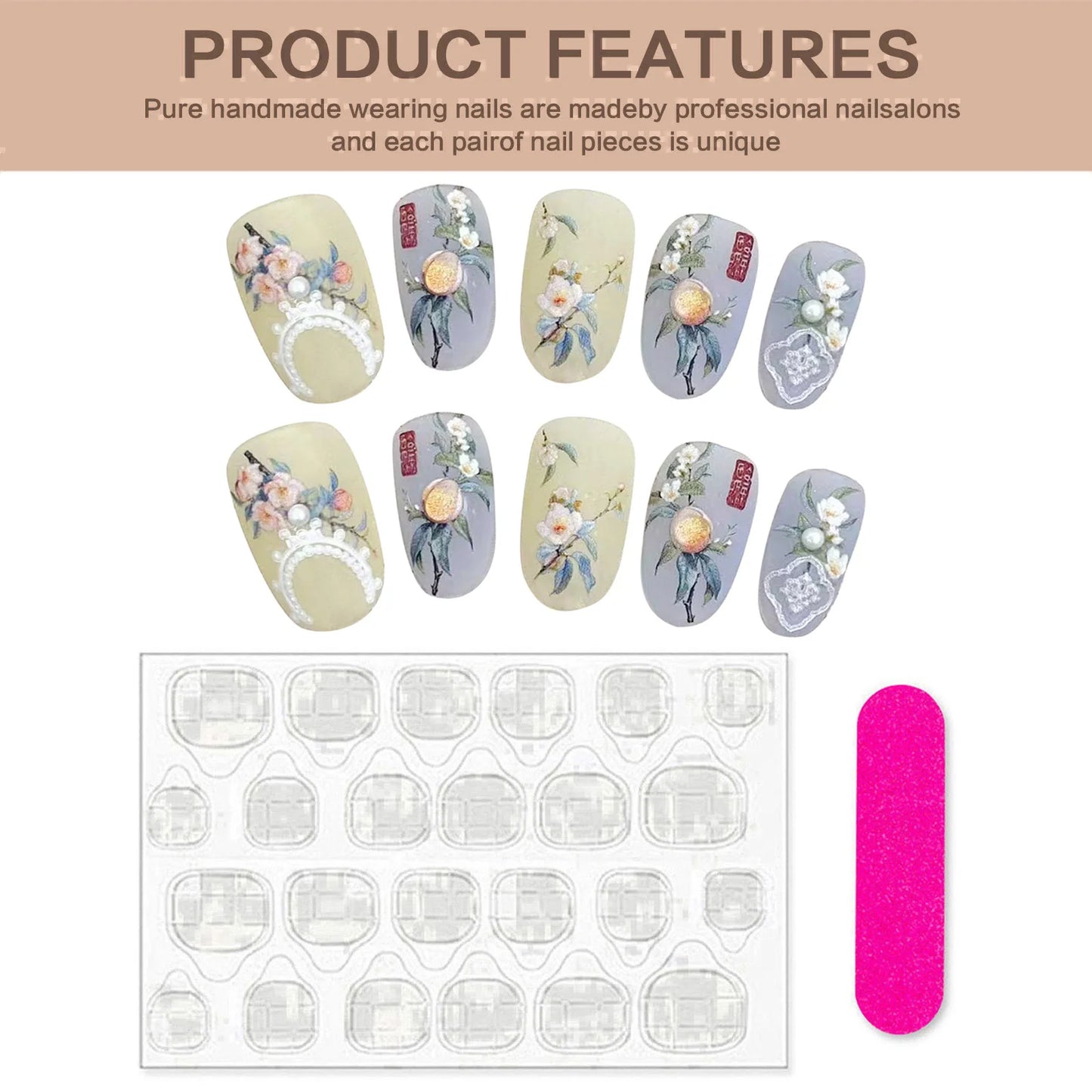 Press On Nails Yellow Blue Floral Pearl Design – Short Round Press On Nails Peaceful Pleasures Health and Wellness