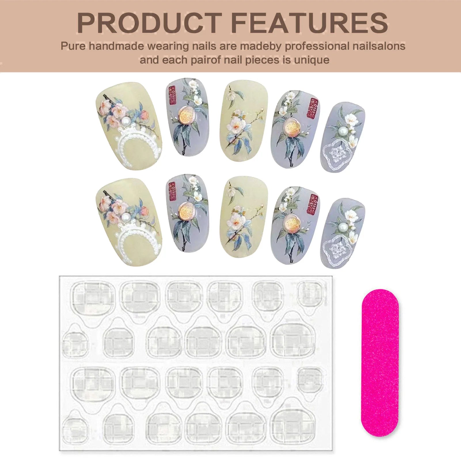 Press On Nails Yellow Blue Floral Pearl Design – Short Round Press On Nails Peaceful Pleasures Health and Wellness